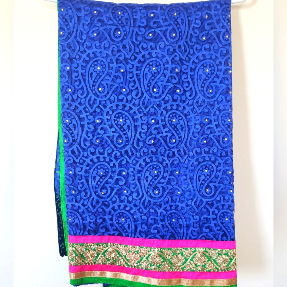 Exquisite royal blue saree with already stitched princess cut beautiful blouse.